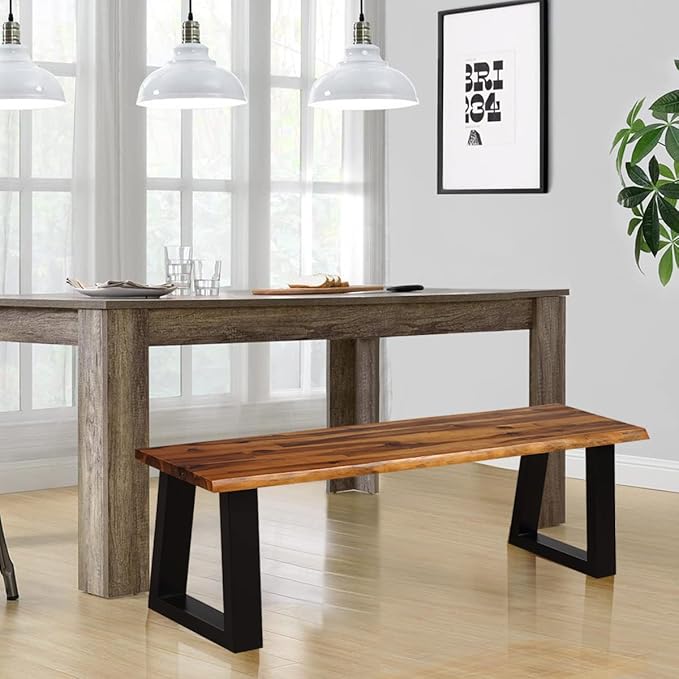 Giantex 57.5" Live Edge Acacia Wood Bnech, 3-Person Backless Outdoor Dining Bench with Metal Legs & Adjustable Foot Pads for Entryway, Balcony, Porch, Backyard, Garden and Poolside (2 Pack)