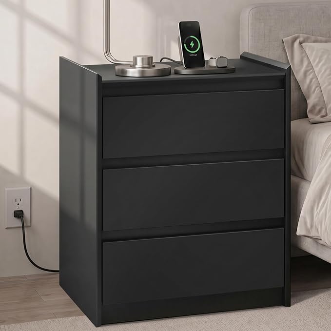 24" Tall Nightstand with Charging Station Including USB-C, Modern Bedside Table and Sofa End Table - Black, 3 Drawers, 1-Pack