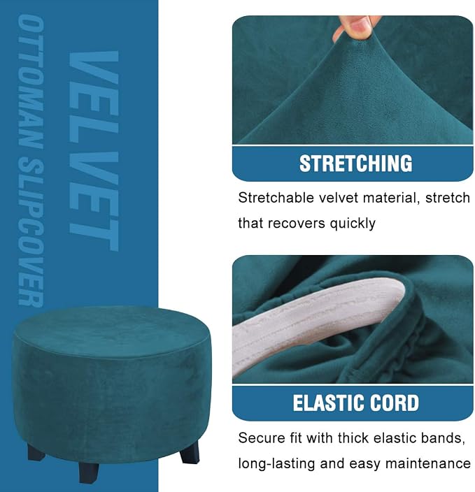 H.VERSAILTEX Round Ottoman Slipcover Ottoman Covers Slipcover Footstool Protector Covers Storage Stool Ottoman Covers Stretch with Elastic Bottom, Feature Real Velvet Plush Fabric (X-Large, Deep Teal)