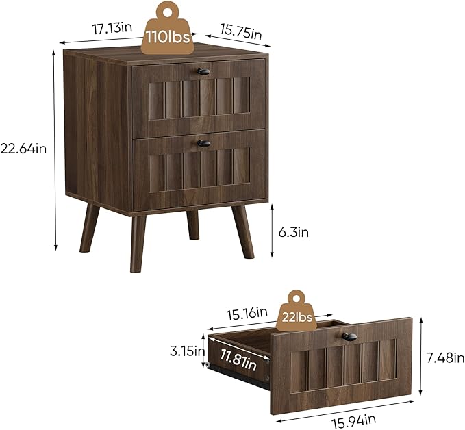 Kiasthome Mid-Century Wood Nightstand with 2 Drawers, Fluted Front Bedside Table, Functional End Table for Bedroom & Living Room (Vintage Walnut (2-Pack))