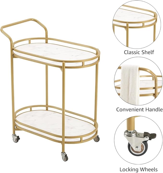 unipaws Bar Cart with Wheels, Easy Assembly Rolling Serving Bar Trolley with 2-Tier Shelves and Rotating Wheels for Home Kitchen Dining and Living Room (Gold & White)