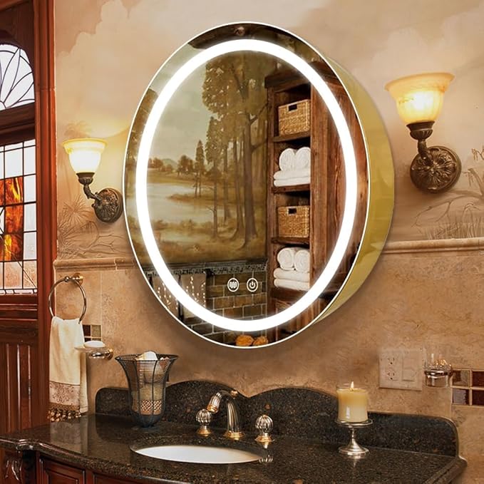 Round Medicine Cabinet with Light,3 Color Temperature,Dimmer,Defogger,32inch,Gold