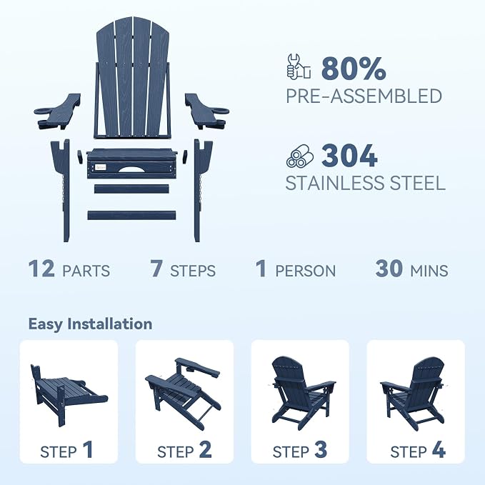 Mdeam 3-Level Adjustable Adirondack Chair with Retractable Ottoman, HDPE All-Weather Folding Fire Pit Chair with 2 Cup Holders, Outdoor Chair for Deck Patio Garden Backyard Lawn (Navy Blue)