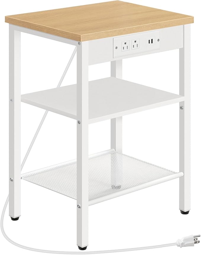 HOOBRO Side Table with Charging Station and USB Port, Small End Table for Small Space, 3-Tier Nightstand with Adjustable Shelf, for Living Room, Bedroom, Natural and White WN112BZ01