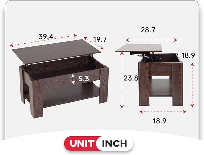 FDW Lift Top Coffee Table with Hidden Compartment and Storage Shelf Wooden Lift Tabletop for Home Living Room Reception Room Office,39.4inch,Espresso