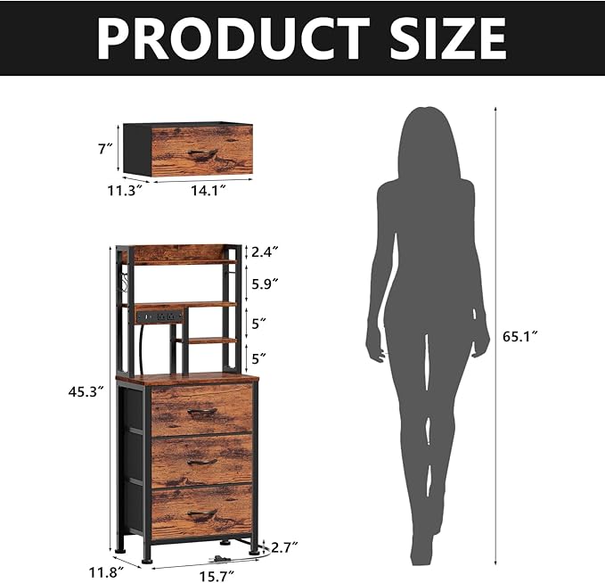 Furnulem Tall Night Stand with LED & USB Ports, 45.3inch Nightstand with Open Bookshelf, Bedside Table with 3 Fabric Drawers for Bedroom/Dorm/Office, Rustic Brown Wood-Metal Frame