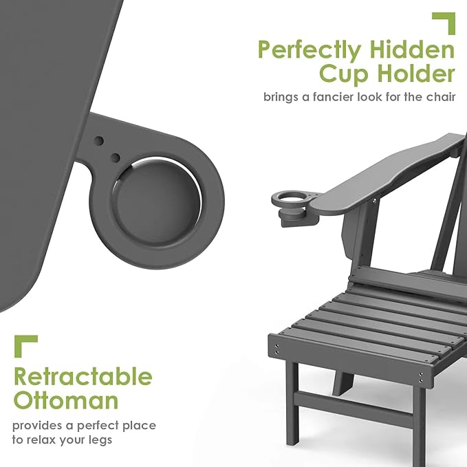 GREENVINES Adirondack-Chairs-with-Ottoman | Set of 2 | Folding | Retractable-Footrest | HDPE Plastic | All Weather Fire Pit Chair | Cup Holders | Grey | for Outdoor Poolside