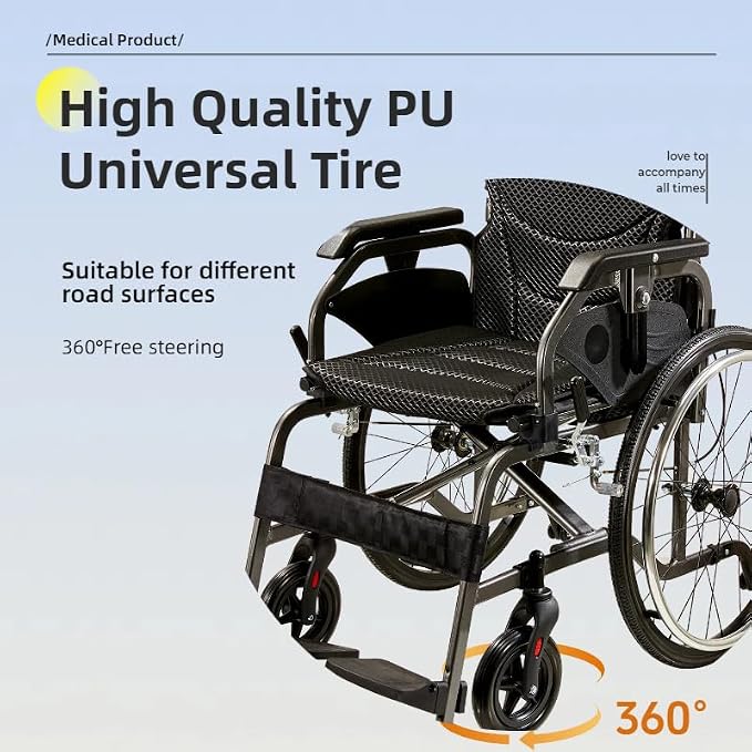Lightweight Foldable Wheelchair for Adults - Aluminum Frame with Square Tube Design, 18" Seat & 22" PU Wheels, Front/Rear Locking Brakes, Nanometer Grey