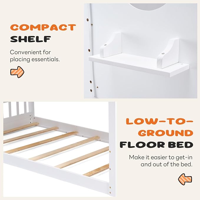 DUMOS Wood Twin Over Twin House Bunk Bed, Loft Bed with Ladder, Safety Guardrail, Wooden Slats & Window, Kids Twin Bed Frame for Teens Juniors, Freely Decorative House Roof