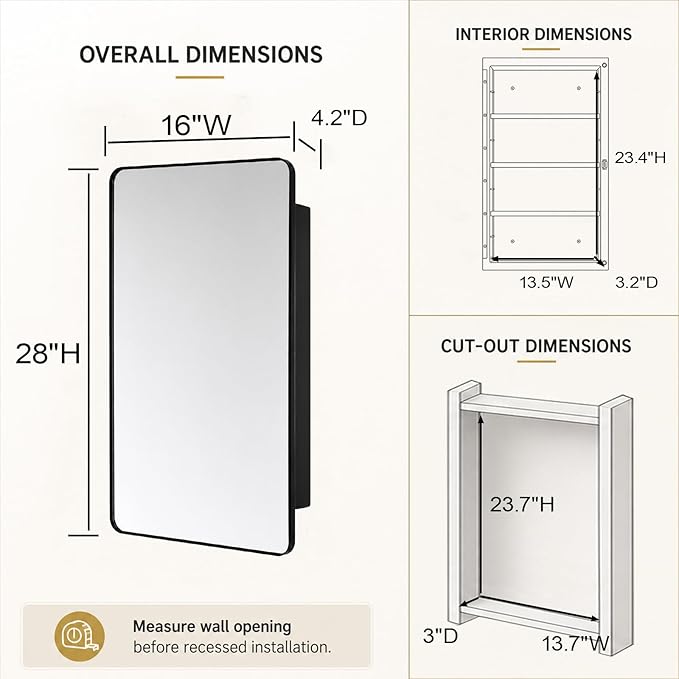 Fundin Black Plastic Medicine Cabinet, Mirror Door with Round Corner Metal Frame, Recessed and Surface Mount Bathroom Wall Medicine Cabinet, 16 x 28 inch Mirror Size