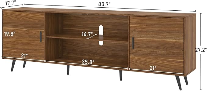 80 Inch Mid Century Modern TV Stand for 75 Inch TV, Wood TV Stand with Storage, Entertainment Center for Living Room Bedroom, TV Media Console, Walnut