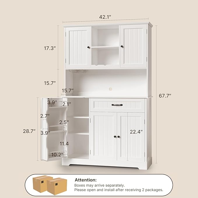 Gizoon 67 in Kitchen Storage Cabinet with Door and Shelves, Kitchen Pantry Cabinet Tall Coffee Bar Hutch with Storage for Dining Room, Painted White