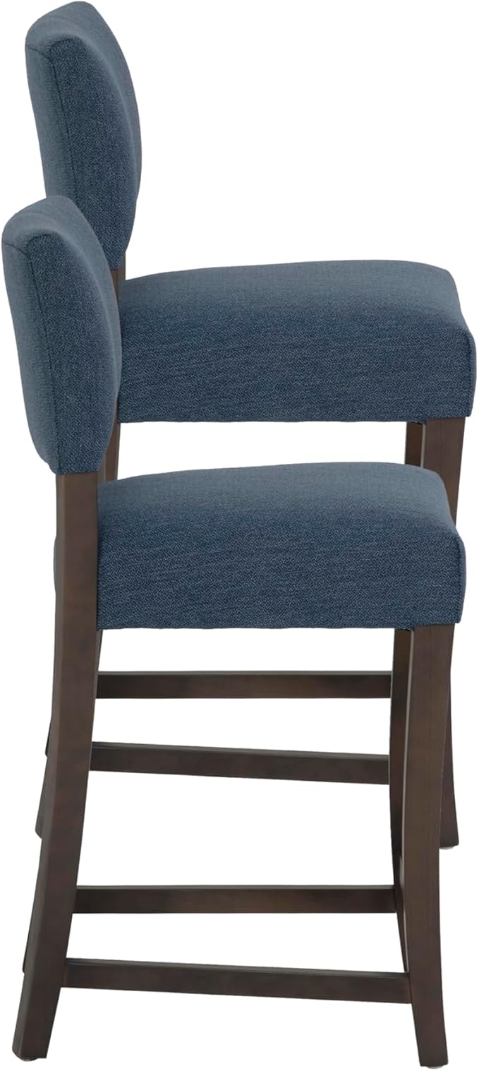 Linon Brasko Dark Espresso Wood with Dark Blue Upholstery 24" Seat Height Counter Stool in a Set of 2