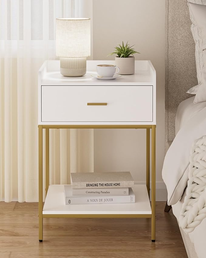 Masupu Nightstand, 3-Tier Modern Bedside Night Stand with Storage Drawer and Shelf, Large End Side Table for Bedroom, Living Room, White