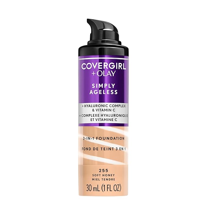 COVERGIRL & Olay Simply Ageless 3-in-1 Liquid Foundation, Matte Finish, Hyaluronic & Vitamin C Formula, 255 Soft Honey, 1 Count