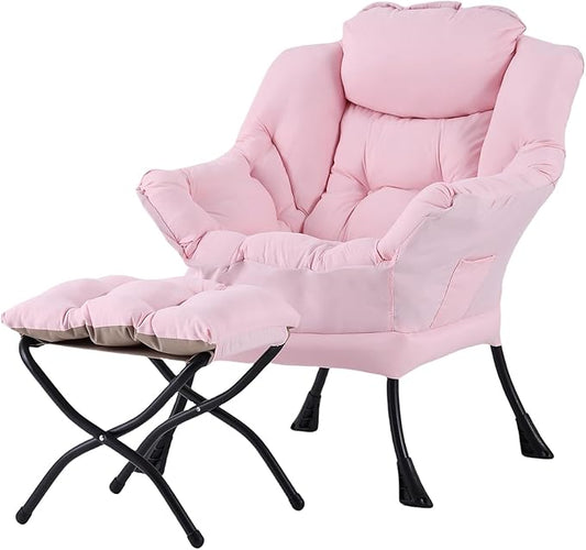 Welnow Pink Lazy Chair with Ottoman, Modern Reading Accent Chair with Armrests and a Side Pocket, Leisure Upholstered Lazy Sofa Set with Footrest for Small Space