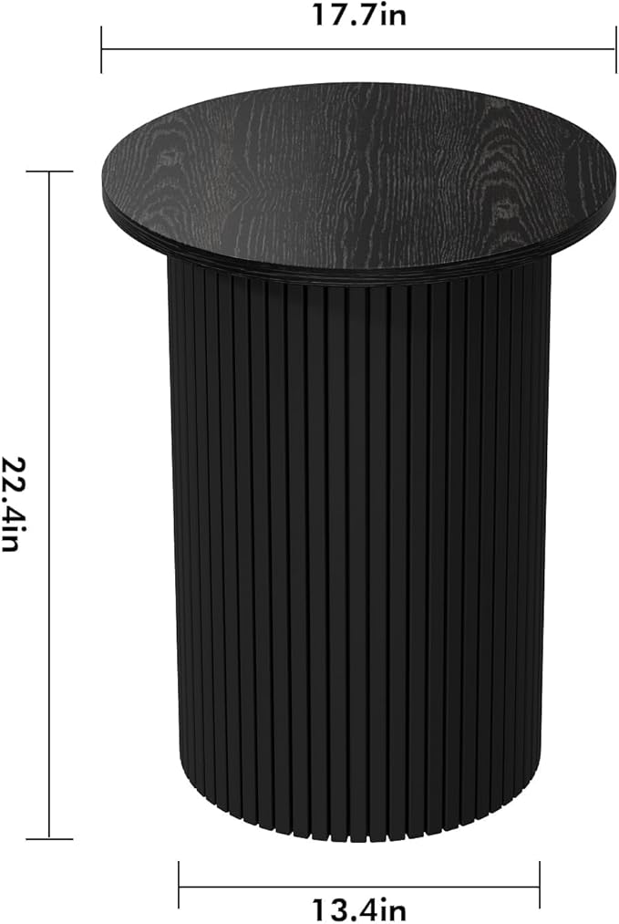 Wnutrees Round Fluted End Table, Small Accent Pedestal Side Table, Wood Fluted Nightstand Bedside Table for Living Room, Handcrafted Finish, Black, 2Pack