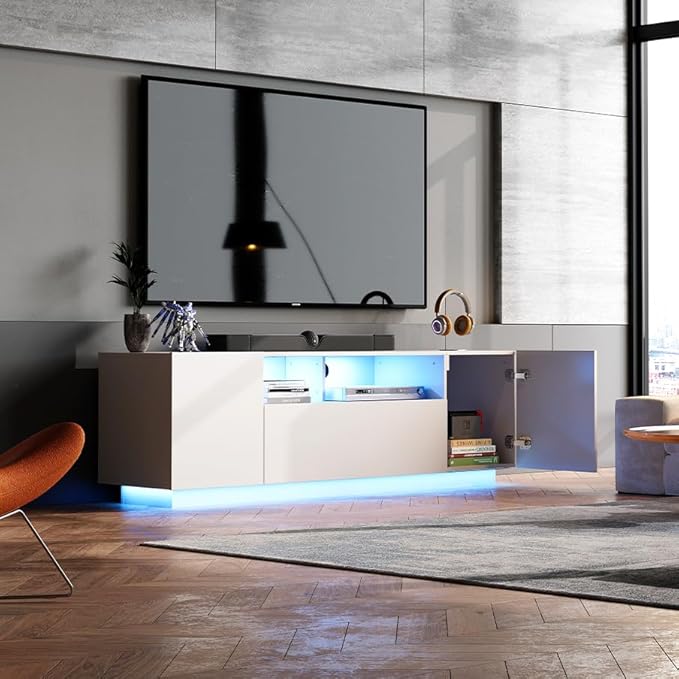 WLIVE Modern TV Stand for 65 Inch TV, Entertainment Center with LED Lights & Large Storage Cabinets, Sturdy Media Console for Living Room, Bedroom, Gaming(White)