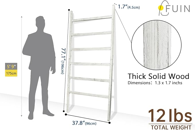 FUIN Extra Wide 6.4ft Wooden Blanket Ladder Living Room Decorative Wal Leaning Farmhouse Quilt Display Holder Rustic Wood Towel Rack for Bathroom, White, 38 inch Wide