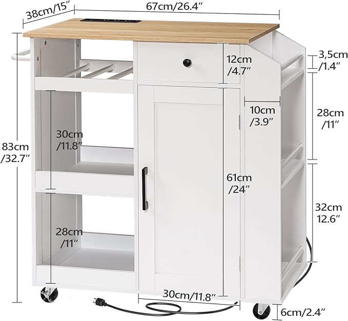 MAHANCRIS Kitchen Island with Power Outlet, Kitchen Storage Island with Drawer, Rolling Kitchen Cart on Wheels, Spice Rack, Towel Rack, Wine Rack, for Dining Room, White and Natural KINW122E01N1