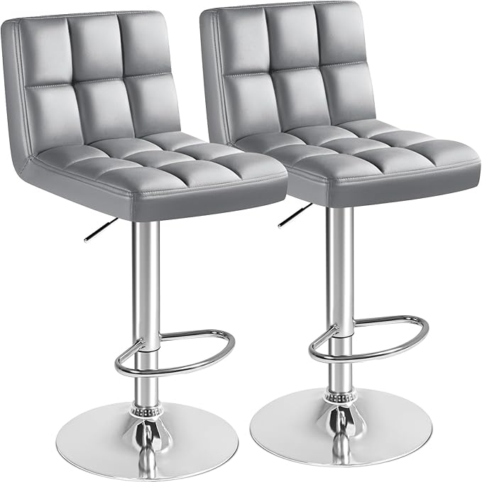 Furmax Bar Stools Modern Pu Leather Swivel Adjustable Hydraulic Bar Stool Square Counter Height Stool Set of 2 (Light Gray)