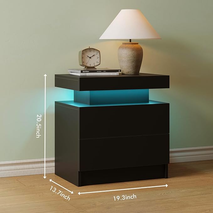Black LED Night Stand Modern Nightstand with 2 Drawers Bedside Table for Bedroom End Side Table