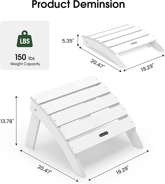 Adirondack Ottoman Footrest for Adirondack Chair, All-Weather HDPE Outdoor Foot Stool, Folding Patio Ottoman for Lawn, Garden, Deck, Backyard, White