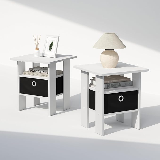 Furinno TIDUR Night Stand Set of 2, Open Shelf Design Nightstand with Storage Bin, Bedside Table, End Table, Side Table, for Bedroom, Closet, Dorm, White