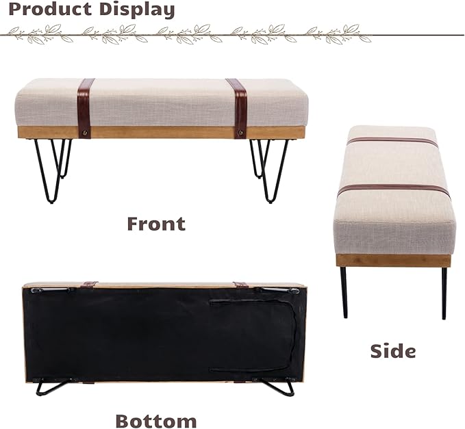 HEAH-YO Industrial Entryway Bench Set of 1, 44 Inches End of Bench with Padded Seat Cushion, Uphlstered Linen Fabric Dining Bench for Kitchen Living Room, Beige