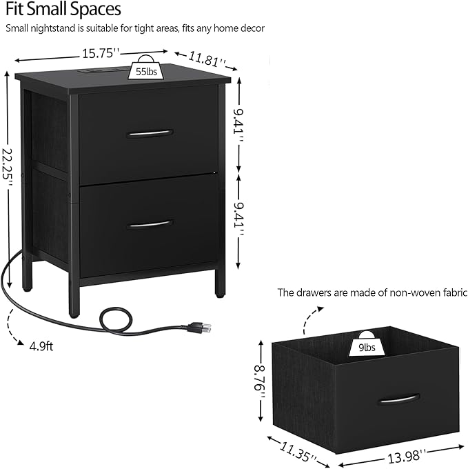 Vagusicc Nightstand with Charging Station, Bedside Table with USB Ports and Outlet, End Table Side Table with 2 Fabric Drawers for Bedroom, Living Room, Black