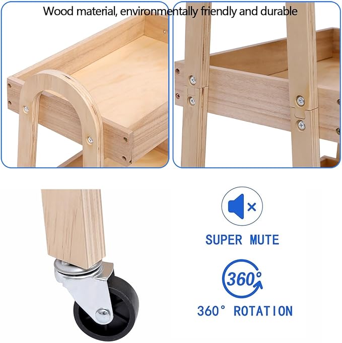 3-Tier Wooden Rolling Cart- Wooden Utility Cart wit Wheels- Utility Rolling Cart-Storage Trolley Organizer- Rolling Kitchen Cart Serving Cart for Office,Kitchen, Kids' Room (natural wood color)