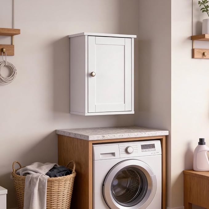 VINGLI Bathroom Wall Cabinet, White Medicine Cabinet with Single Door, Small Over Toilet Storage Organizer with Adjustable Shelf, Hanging Kitchen Cupboard for Laundry Room, 13.7x7.5x19.7 Inch