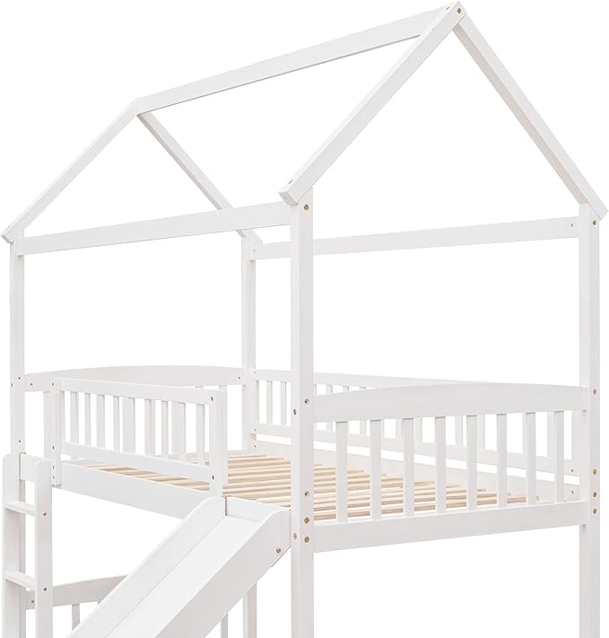 House Loft Bunk Bed Frames with Slide No Box Spring Needed for Teens, Girls or Boys
