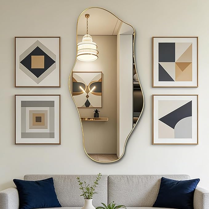 Irregular Wall Mirror, 47"x25" Asymmetrical Aesthetic Mirror with Metal Frame, Modern Organic Shaped Mirrors for Living Room Bedroom Hallway Entryway, Horizontal or Vertical Hanging