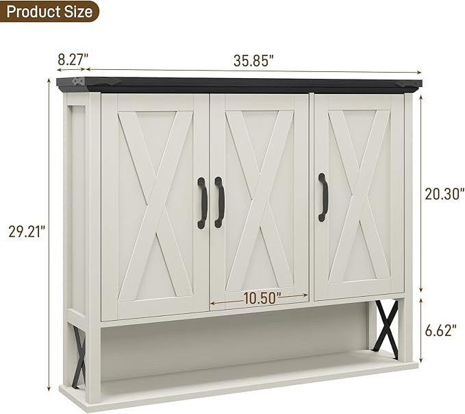 Halitaa Bathroom Wall Cabinet, Farmhouse Medicine Cabinet with Adjustable Wood Shelf & 3 Doors, Over The Toilet Storage Cabinet for Wall Mounted for Bathroom Laundry Room Kitchen, White and Black