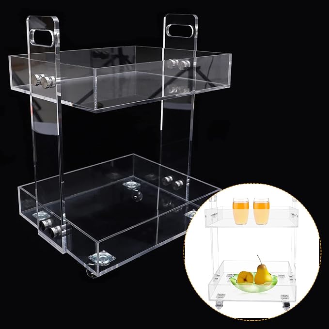 2-Tier Acrylic Cart Clear Acrylic Rolling Nightstand on Wheels Modern Side/End for Bedroom Bedside for Home Small Spaces Dining Room Tea Wine Holder Serving Cart Furniture