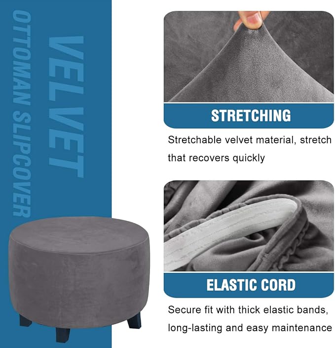 H.VERSAILTEX Round Ottoman Slipcover Ottoman Covers Slipcover Footstool Protector Covers Storage Stool Ottoman Covers Stretch with Elastic Bottom, Feature Real Velvet Plush Fabric (X-Large, Gray)