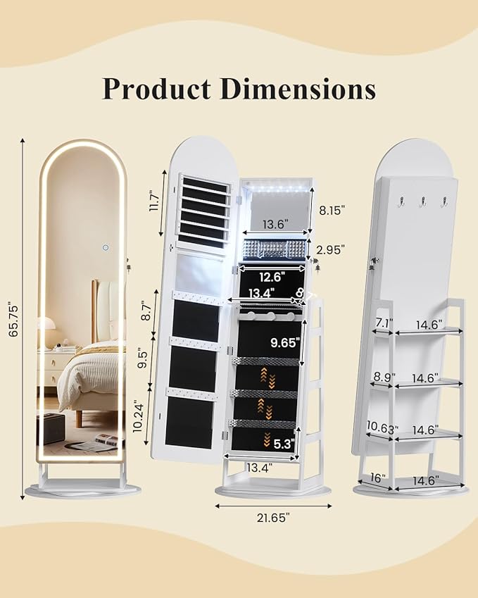 LVSOMT LED Arched Mirror Jewelry Cabinet Standing, Lockable Jewelry Armoire, Full-Length Mirror with Storage, Space-Saving Jewelry Organizer Mirror, Foldable Makeup Shelf, Gift for Women(LED White)