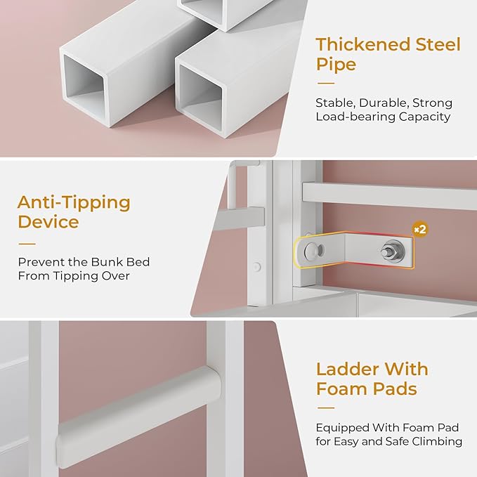 ADORNEVE Bunk Bed Twin Over Twin Size with 8 Storage Drawers, Twin Bunk Beds with Led Lights & Storage Shelves, Metal Loft Bed with 13.4" H Safety Guardrail & Ladder, for Kids & Teens, White