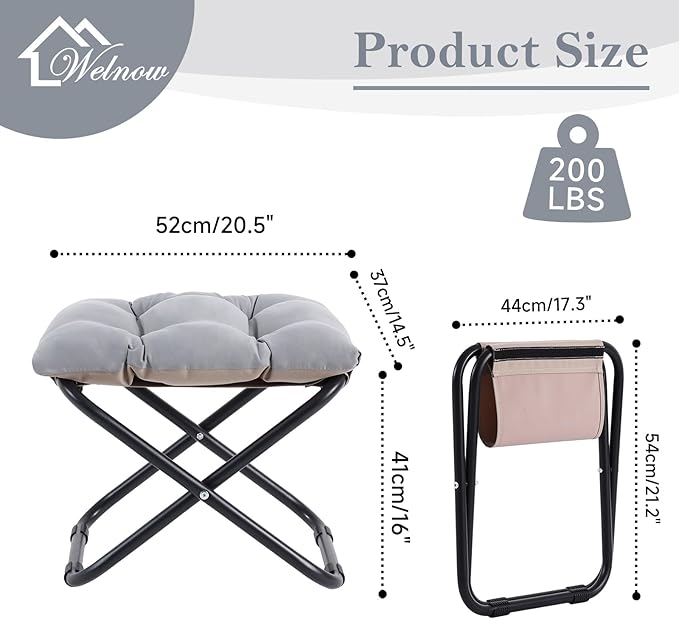 Welnow Folding Foot Stool, Upholstered Small Accent Ottoman with Detachable Thick Cotton Cushion, Padded Sofa Stool with Straight Metal Legs for Lazy Chair, Living Room, Bedroom, Light Grey