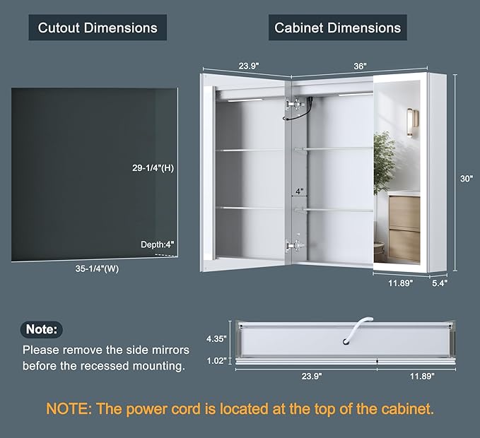 36x30 Inch Lighted Medicine Cabinet with Mirror, AL Alloy Frame, Plug-in or Hardwired, Recessed or Surface Mount, 3 Colors/Dimmable/Interior Sensor Light/Defog,2 Outlets & USBs,3 Shelves