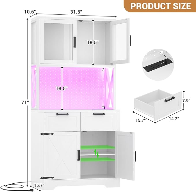 Unikito 71" Pantry Cabinet with LED Light & Outlet, Tall Kitchen Pantry Storage Cabinet with Microwave Stand, DIY Pegboard, Drawers and Adjustable Shelf, Farmhouse Kitchen Hutch for Dining Room, White