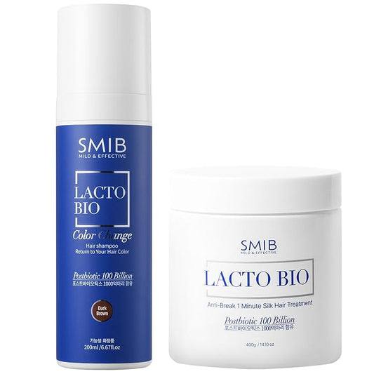 SMIB プロバイオティクス ヘアカラー＆リペアセット – ダークブラウン 白髪カバーシャンプー＋1分シルクヘアトリートメント – 自然な色、輝き、強度 – ダメージヘアや白髪に悩む方向けの韓国ヘアデュオ – 2個セット