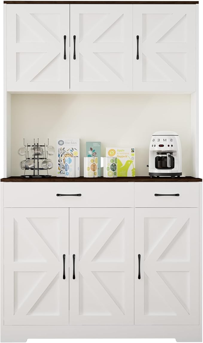 71" Kitchen Pantry Cabinet with Charging Station, Pantry Storage Cabinet Large Kitchen Hutch with Microwave Stand, Coffee Bar Station with Doors and Adjustable Shelves for Kitchen, White