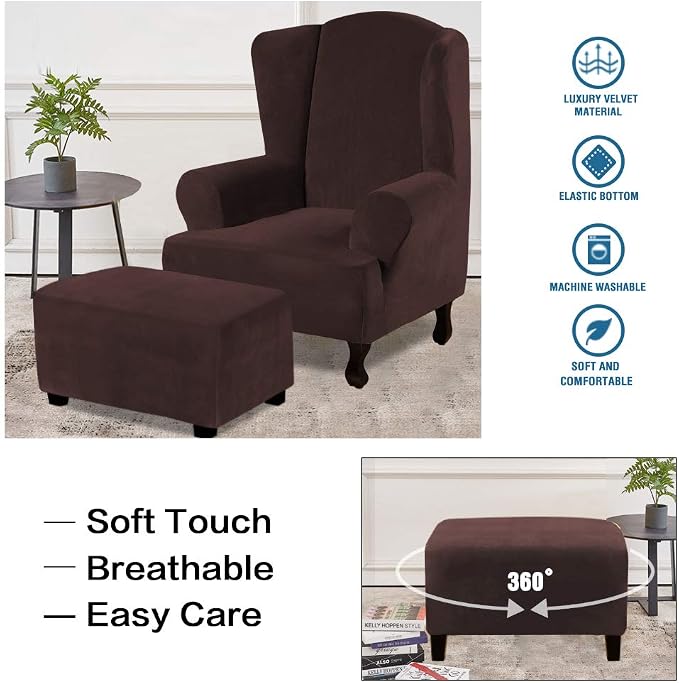 H.VERSAILTEX Real Velvet Plush 1 Piece Form Fit Stretch Rectangle Folding Storage Covers Ottoman Slipcovers Removable Footstool Protect Footrest Covers Elastic Bottom, Machine Washable(X-Large, Brown)