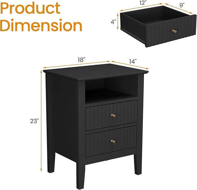 RoyalCraft Black Fluted Nightstand Set of 2, Colorful Nightstand with 2 Drawers, Modern Wooden End Table with Storage for Small Spaces, Side Table for Bedroom, Couch, Home Office
