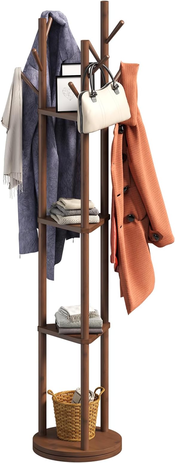Rotating Coat Rack, Freestanding Coat Rack with 3 Shelves and 9 Hooks Clothes Organizer Coat tree for Bedroom, Entryway, Livingroom (Brown)
