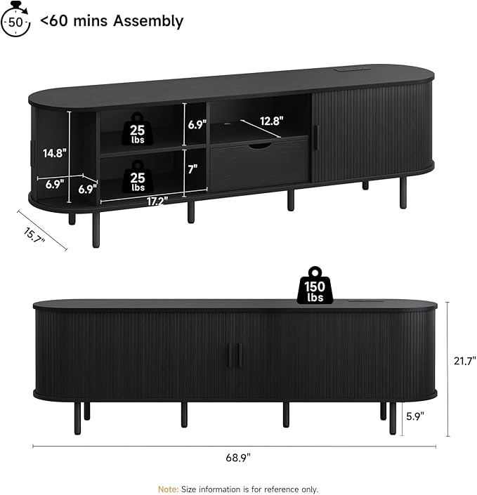 ONBRILL 69" TV Stand with Power Outlet for TVs up to 80", Entertainment Center with Storage and Drawer, TV Console with Adjustable Shelves and Sliding Door, TV Stand for Living Room, Bedroom, Black