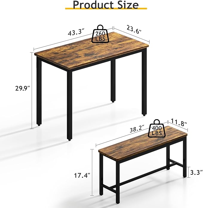 Rovibek Dining Table Set for 4 with 2 Benches – Space-Saving Kitchen Table Set for Kitchen & Dining Room, Rustic
