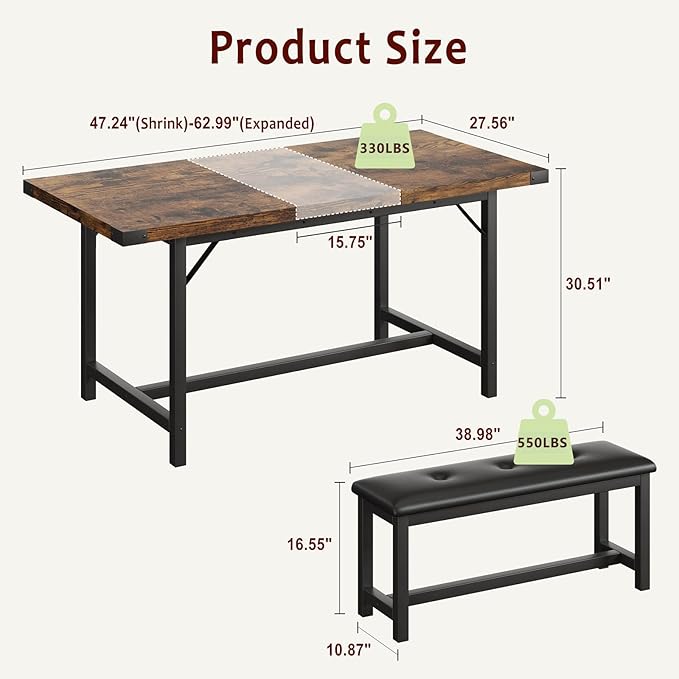 IDEALHOUSE 3 Piece Dining Table Set for 4-6, 63" Extendable Thick Metal Frame Kitchen Table with 2 Upholstered Benches Set for 6, Rectangle Wooden Dinette Table Set for Dining, Apartment, Retro Brown